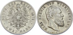 Germany - Empire Württemberg 2 Mark 1876 F
Jaeger# 172; Silver, Mintage 1560000; VF; Deutsches Kaiserreich Württemberg Württemberg 2 Mark 1876