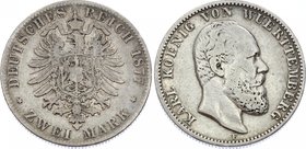 Germany - Empire Württemberg 2 Mark 1877 F
Jaeger# 172; Silver, Mintage 1110000; VF; Deutsches Kaiserreich Württemberg Württemberg 2 Mark 1877