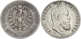Germany - Empire Württemberg 2 Mark 1880 F
Jaeger# 172; Silver, Mintage 130000; VF; Deutsches Kaiserreich Württemberg Württemberg 2 Mark 1880