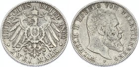 Germany - Empire Württemberg 2 Mark 1892 F
Jaeger# 174; Silver, Mintage 180000; VF; Deutsches Kaiserreich Württemberg Württemberg 2 Mark 1892