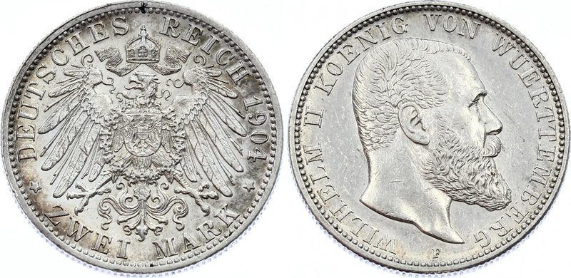 Germany - Empire Württemberg 2 Mark 1904 F
Jaeger# 174; Silver, Mintage 1990000...
