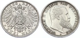 Germany - Empire Württemberg 2 Mark 1912 F
Jaeger# 174; Silver, Mintage 250000; XF; Deutsches Kaiserreich Württemberg Württemberg 2 Mark 1912