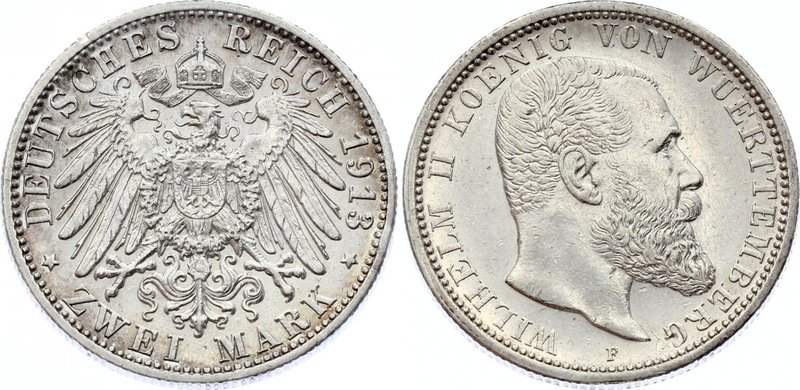 Germany - Empire Württemberg 2 Mark 1913 F
Jaeger# 174; Silver, Mintage 230000;...