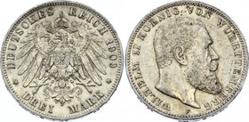 Germany - Empire Württemberg 3 Mark 1909 F
Jaeger# 175; Silver, Mintage 1190000; aXF; Deutsches Kaiserreich Württemberg Württemberg 3 Mark 1909
