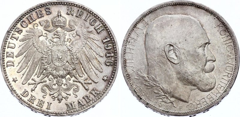 Germany - Empire Württemberg 3 Mark 1916 F 25th Year of Reign Matte Proof RRR
J...