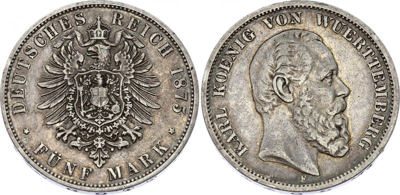 Germany - Empire Württemberg 5 Mark 1875 F
Jaeger# 173; Silver, Mintage 320000;...