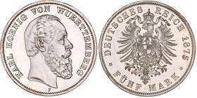 Germany - Empire Wurttemberg 5 Mark 1875 F GENI PR 99
KM# 623; J. 173; Silver; Karl I; Cleaning