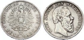 Germany - Empire Württemberg 5 Mark 1876 F
Jaeger# 173; Silver, Mintage 900000; VF; Deutsches Kaiserreich Württemberg Württemberg 5 Mark 1876