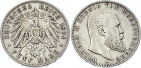Germany - Empire Württemberg 5 Mark 1894 F RRR
Jaeger# 176; Silver, Mintage 20000; aXF, extremely rare coin; Deutsches Kaiserreich Württemberg Württe...