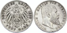 Germany - Empire Württemberg 5 Mark 1899 F
Jaeger# 176; Silver, Mintage 110000; VF; Deutsches Kaiserreich Württemberg Württemberg 5 Mark 1899