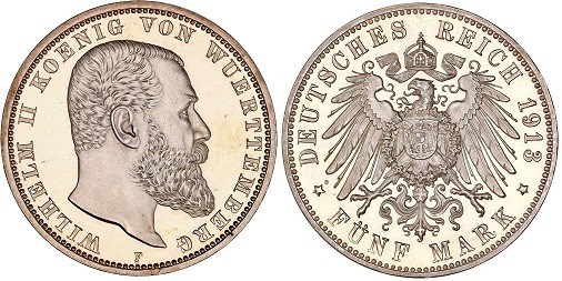 Germany - Empire Wurttemberg 5 Mark 1913 F GENI PR 99
KM# 632; J. 176; Silver; ...