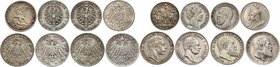 Germany - Empire Lot of 8 Coins 1876 - 1913
4x 2 Mark + 4x 3 Mark. Silver, VF-XF. Keiserreich Mark Sammlung.