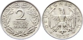 Germany - Weimar Republic 2 Reichsmark 1925 D
KM# 78; Key Date - catalogue value is 180$ for UNC. The coin is AU-UNC.