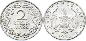 Germany - Weimar Republic 2 Reichsmark 1925 G BUNC!
KM# 78; Key Date - catalogue value is 210$ for BUNC. The coin is BUNC.