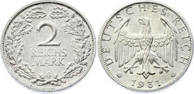 Germany - Weimar Republic 2 Reichsmark 1931 G UNC RARE
KM# 78; Key Date - Mintage 915000, catalogue value is 300$ for UNC. The coin is UNC.