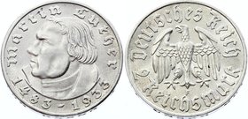 Germany - Weimar Republic 2 Reichsmark 1933 F
KM# 79; Silver; 450th Anniversary of Martin Luther; UNC