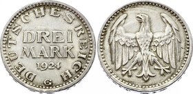 Germany - Weimar Republic 3 Mark 1924 G
KM# 43; Silver, XF. Not common in this grade/