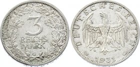 Germany - Weimar Republic 3 Reichsmark 1931 G
KM# 74; Key Date - catalogue value is 650$ for XF. The coin is XF with remains of mint luster.