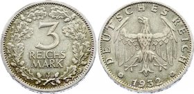 Germany - Weimar Republic 3 Reichsmark 1932 J
KM# 74; Key Date - catalogue value is 850$ for XF. The coin is XF with remains of mint luster.