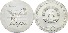 Germany Democratic Republic 20 Mark 1975 Probe
KM# PR 16; Incuse Notes; Silver; Mintage 10.261 Pcs; Johann Sebastian Bach; UNC