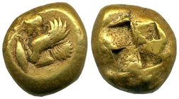Ancient World Greek Mysia Cyzicus Stater 550 - 475 B.C.
Siren bird, with two spirals on crown of head, standing l., holding in r. hand tuna-fish by t...