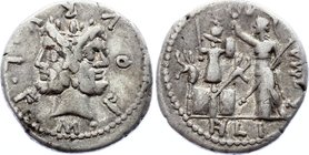Ancient World Rome Denarius 119 B.C
RRC# 281/1; Silver 3.80g; Obv: M·FOVRI·L·F: Laureate head of Janus, around, inscription. Border of dots.; Rev: RO...