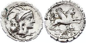 Ancient World Rome Silver Denarius Serratus 79 B.C
RRC# 384/1; Silver 4.04g; Obv: Head of Juno Sospita right; behind, control mark. Bead and reel bor...