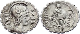 Ancient World Rome Silver Denarius Serratus 71 B.C
RRC# 401/1; Silver 3.95g; Obv: VIRTVS IIIVIR: Helmeted bust of Virtus right, draped. Border of dot...