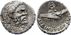 Ancient World Rome Denarius 48 B.C
RRC# 451/1; Silver 4.12g; Obv: C·PANSA: Mask of bearded Pan right . Border of dots.; Rev: ALBINVS·BRVTI·F: Two han...