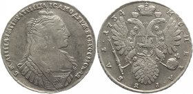 Russia 1 Rouble 1734 8 Pearls in the Hairstyle R
Bit# 111 R; Silver 25,44g.; AUNC-; Edge - ornamented; Kadashevsky Mint; Mint lustre; Was found as a ...
