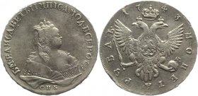 Russia 1 Rouble 1743 СПБ
Bit# 251; Conros# 540 х; Silver 25,33g.; Edge - inscription; Saint-Peterburg Mint; AUNC-; Worthy collectible sample; Mint lu...