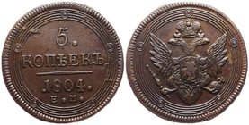 Russia 5 Kopeks 1804 EM
Bit# 290; Copper, 52.57g; Large Crown