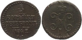 Russia 1/2 Kopek 1842 СМ
Bit# 779; Copper 4,76g.; Great condition; great details. Very nice coin. Отличное состояние; хорошая центровка; отличная про...