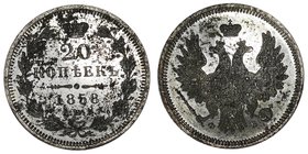 Russia 20 Kopeks 1858 CПБ ФБ
Bit# 61; Silver 4.13 g; Mirrored Fields of the Coin; Corrosion in fields; Prooflike;