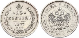 Russia 25 Kopeks 1877 СПБ НФ
Bit# 155; Silver 5.15g