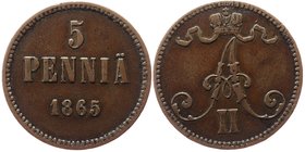 Russia - Finland 5 Pennia 1865
Bit# 657; Mintage 474.000; VF