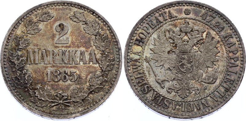 Russia - Finland 2 Markkaa 1865 S
Bit# 617; Silver 10.26g; With Prooflike Under...