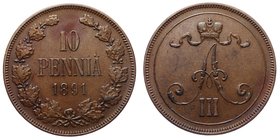 Russia - Finland 10 Pennia 1891
Bit# 245; Mintage 294.285; XF/aUNC