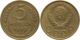 Russia - USSR 5 Kopeks 1939
Y# 108; Aluminium-Bronze 4,77g.; Rare