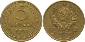 Russia - USSR 5 Kopeks 1941
Y# 108; Aluminium-Bronze 4,79g.; Rare