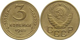 Russia - USSR 3 Kopeks 1945
Y# 107; Aluminium-Bronze 3,17g.; Rare