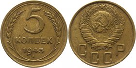 Russia - USSR 5 Kopeks 1945
Y# 108; Aluminium-Bronze 4,85g.; Rare