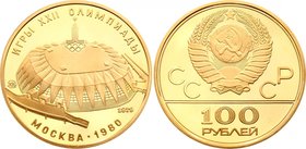 Russia - USSR 100 Roubles 1979 Proof
Y# 173; Gold (.900) – 17.45 g – ø 30 mm; Proof; 1980 Summer Olympics Moscow - Velodrome