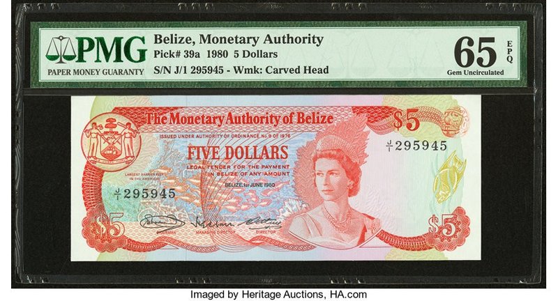 Belize Monetary Authority 5 Dollars 1.6.1980 Pick 39a PMG Gem Uncirculated 65 EP...