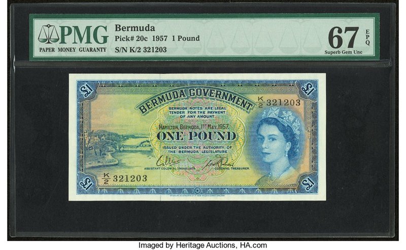 Bermuda Bermuda Government 1 Pound 1.5.1957 Pick 20c PMG Superb Gem Unc 67 EPQ. ...