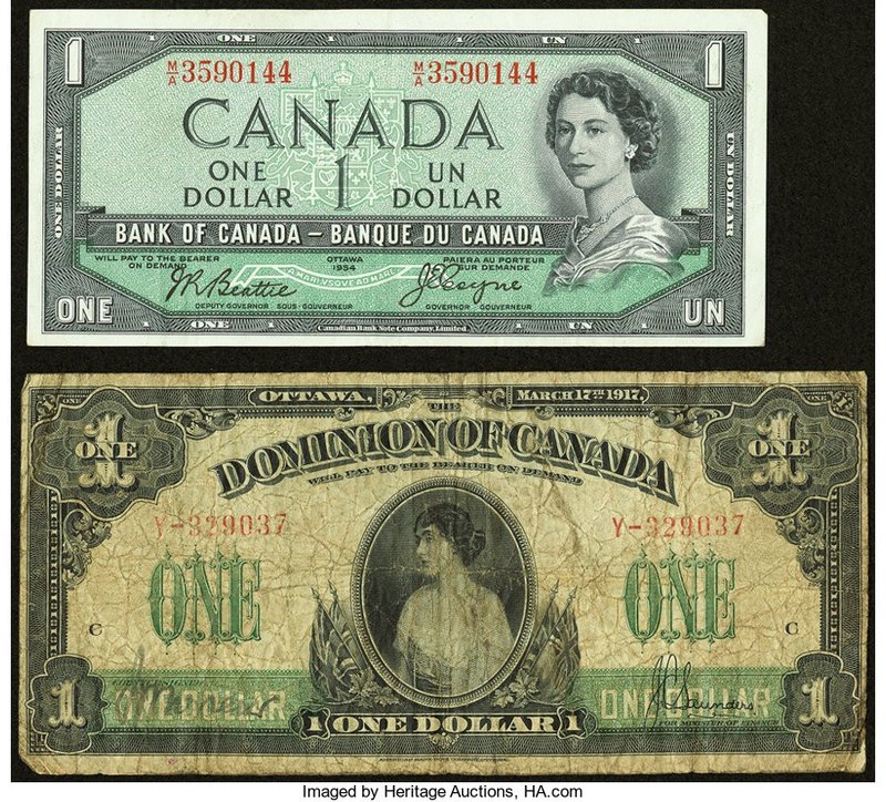 Canada Dominion of Canada $1 1917 DC-23b Very Good; Bank of Canada $1 1954 Devil...