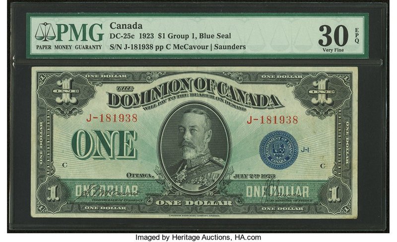 Canada Dominion of Canada $1 2.7.1923 DC-25c PMG Very Fine 30. Good embossing.

...