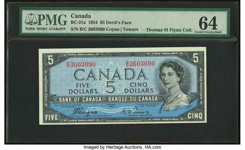 Canada Bank of Canada $5 1954 BC-31a "Devil's Face" PMG Choice Uncirculated 64. ...