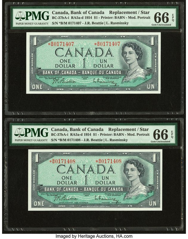 Canada Bank of Canada $1 1954 BC-37bA-i Two Consecutive Replacement Examples PMG...