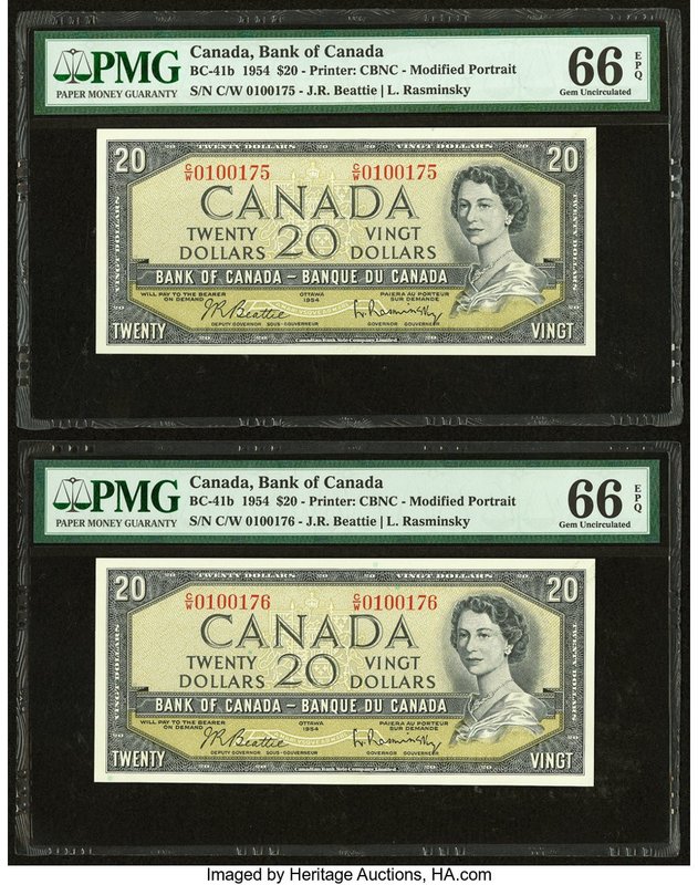 Canada Bank of Canada $20 1954 BC-41b Two Consecutive Examples PMG Gem Uncircula...